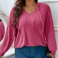 thumbnail image 5 of Rib Knitted Hooded Tops for Women Long Sleeve V Neck Casual Loose Oversized Tshirts Plus Size Blouses Solid Pullover Shirts Pink,4XL, 5 of 6