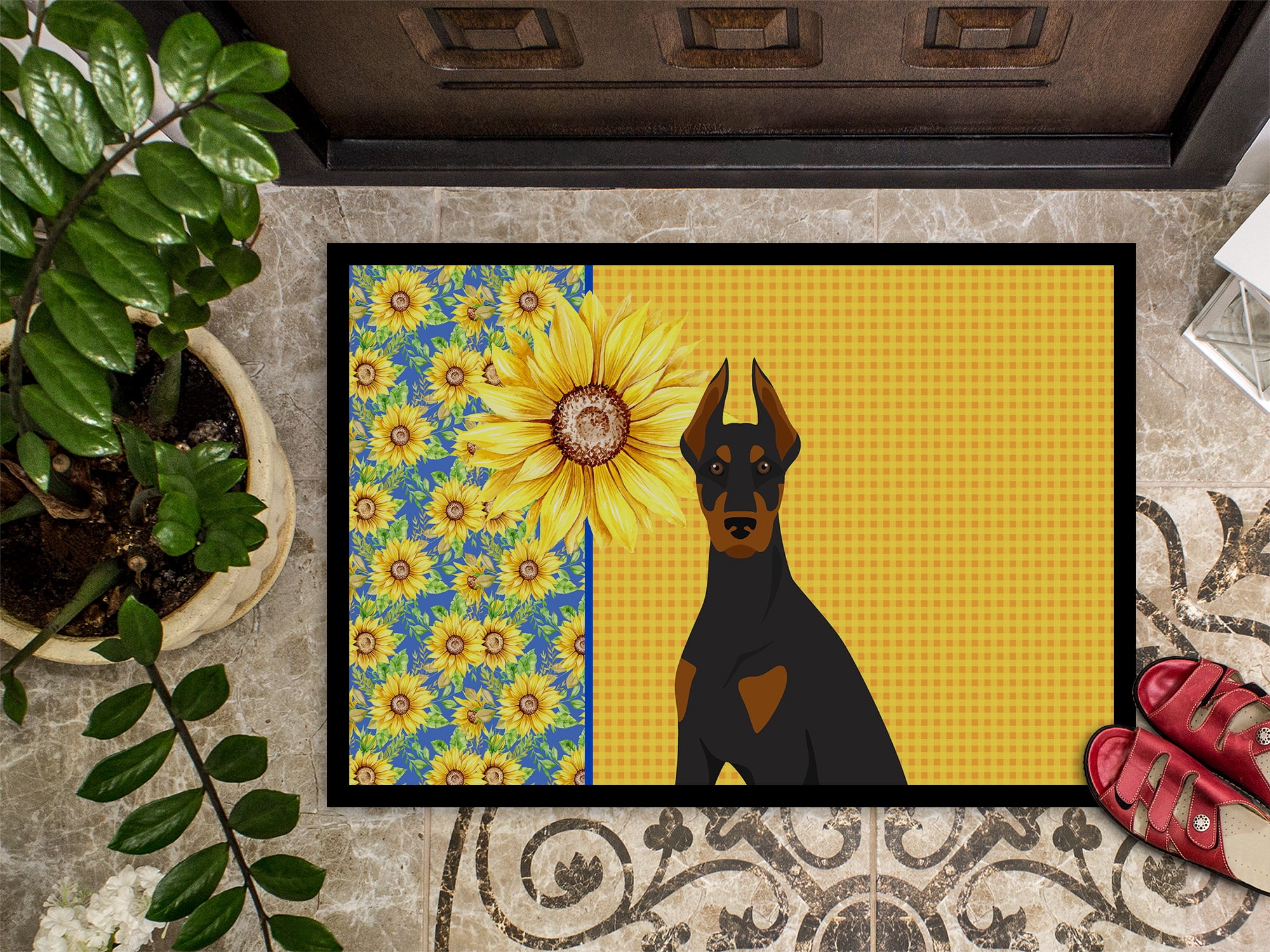 Carolines Treasures WDK5409JMAT 24 x 36 in. Summer Sunflowers Black & Tan Doberman Pinscher Indoor or Outdoor Mat