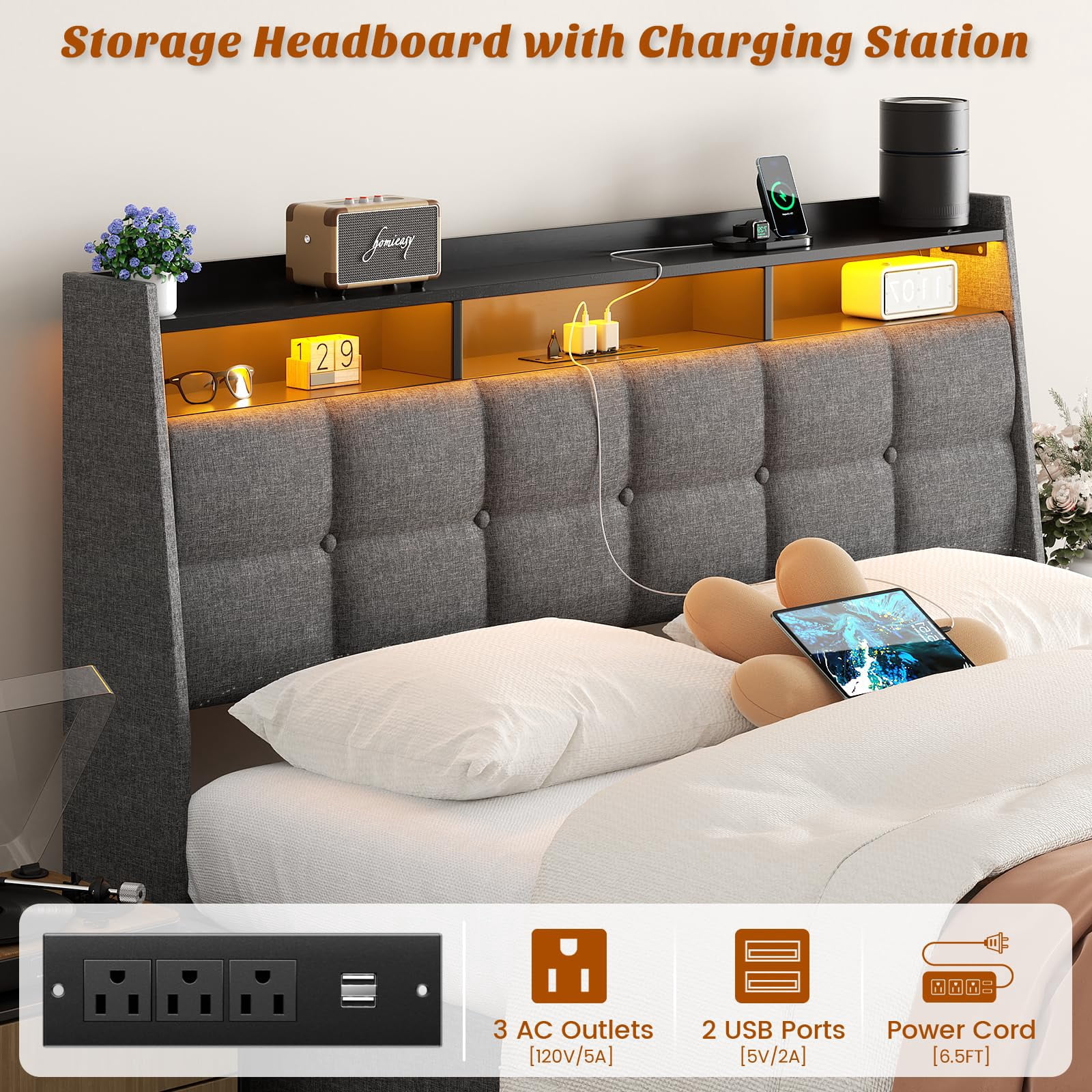 Aheaplus Full Size Bed Frame with Drawers Charging Station LED Light, Upholstered Full Bed Frame with Storage Headboard, Heavy Duty Wood Slats, No Box Spring Needed, Noise Free, Gray