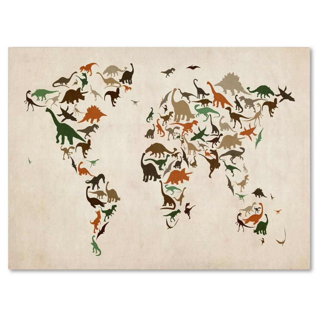 Trademark Art 'Dinosaur World Map 2' Canvas Art by Michael Tompsett