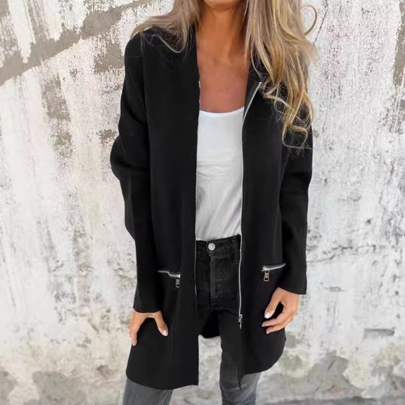 HAPIMO Women's Mid-Length Jacket Fall Winter Clothes Comfy Long Sleeve Hoodie Jacket Daily Casual Jacket Solid Zip Up Jacket with Zip Pocket Black M
