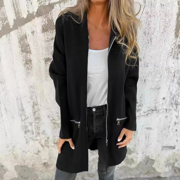 Chaquetas y abrigos casuales con capucha de manga larga para mujer, sudadera con capucha de color liso de invierno, cárdigan con cremallera de longitud media, blusa de manga larga para mujer