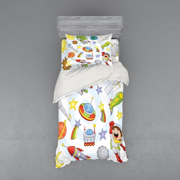 Ambesonne Cartoon Bedding Set 3 Pcs, Outer Space Earth, Twin, Multicolor