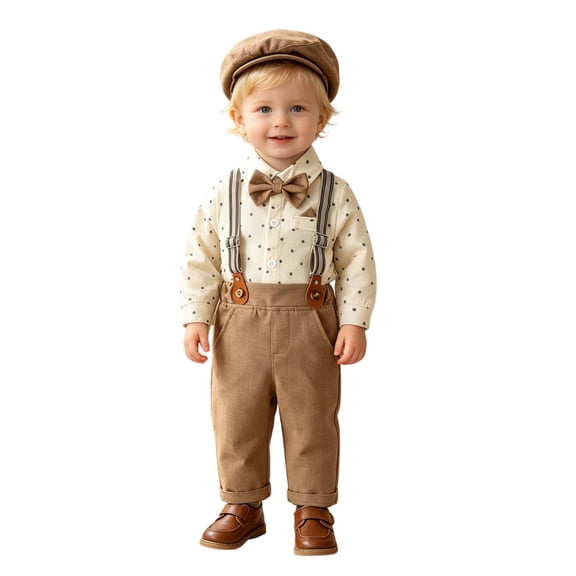 FINALGANG Boys Toddler Formal Four Piece Outfit With Collared Striped Long Sleeve Shirt Suspenders Pants Matching Newsboy Cap For Wedding Special Occasion Wear Cozy Set