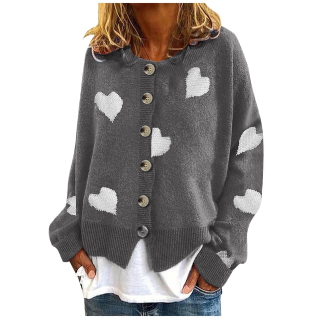 Cardigan en Tricot Brodé de Cœurs pour Femmes, Col Rond, Manches Longues, Chandail en Laine Douce