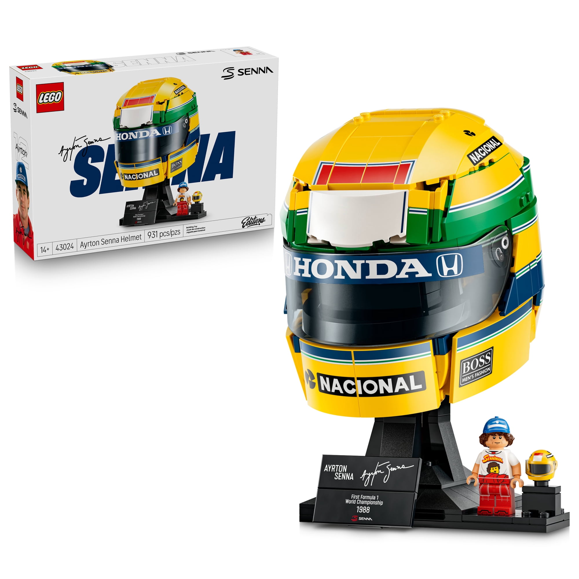 LEGO Editions Ayrton Senna Helmet - Building Set for Teens, Ages 14+ - Collectible F1 Display for Decor - Includes Signature Plaque & Driver Minifigure - Gift for Fans - 43024