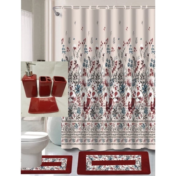 Dinasty burgundy #2 Bathroom rug, mat non slip soft shaggy with shower curtain 12 hook and 4 pc matching ceramic accessories toothbrush holder, toothpaste holder, soap pump and soap dish