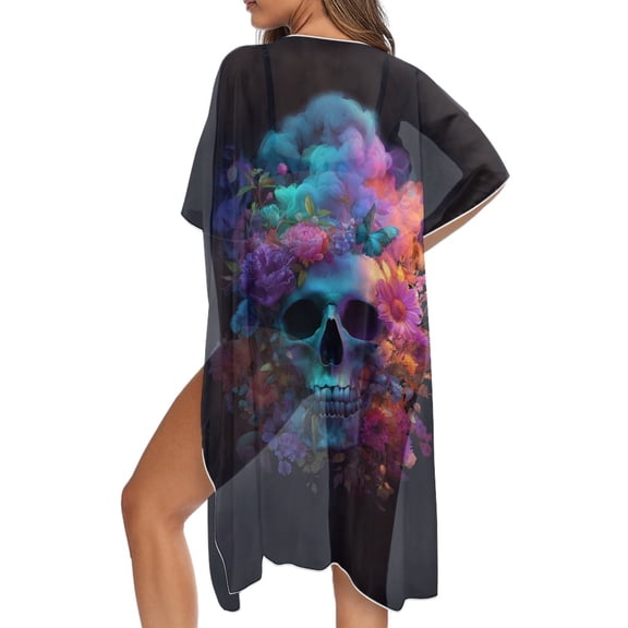 SCRAWLGOD Skull Floral Butterfly Print Swimsuit Cover Up for Women Loose Flowy Swimsuit Coverup Summer Beach Breathable Bathing Suit Cover Up