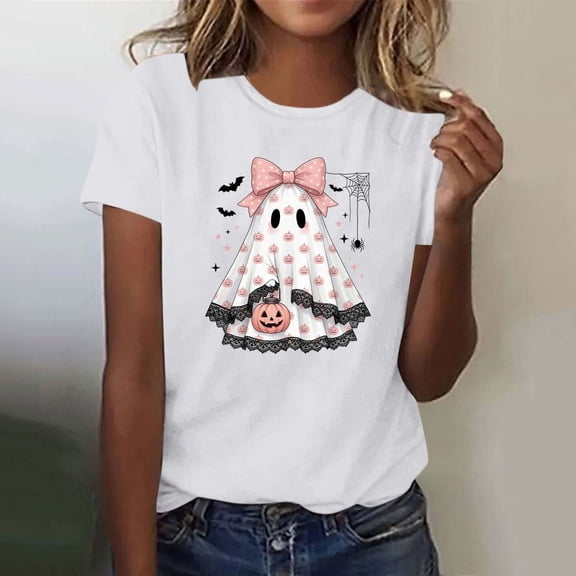 JOANKDMI Funny Halloween Tees for Women Coquette Ghost Bow Print Spiderweb Short Sleeve Tops Crew Neck Casual Shirt Fall Season Clothing Cute Pumpkin Graphic T-Shirts