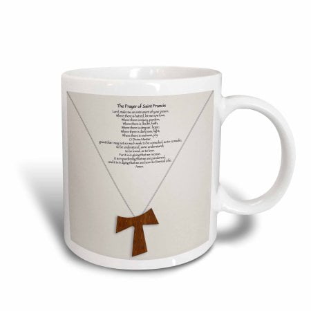 

3dRose The prayer of Saint Francis on a creme beige background with a simple wood tau cross on a chain Magic Transforming Mug 11oz