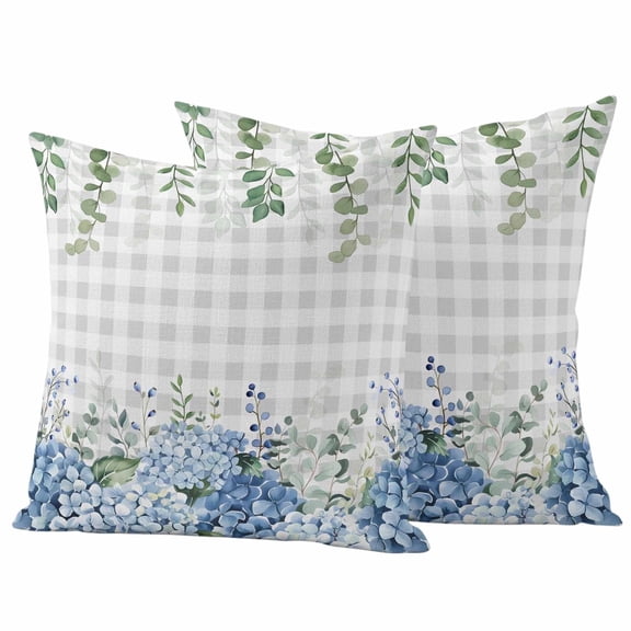 2 Pack Outdoor Waterproof Throw Pillow Covers,Farmhouse Blue Hydrangeas Flower Leaves Decorative Patio Pillowcases for Chair Couch Sofa 16x16in