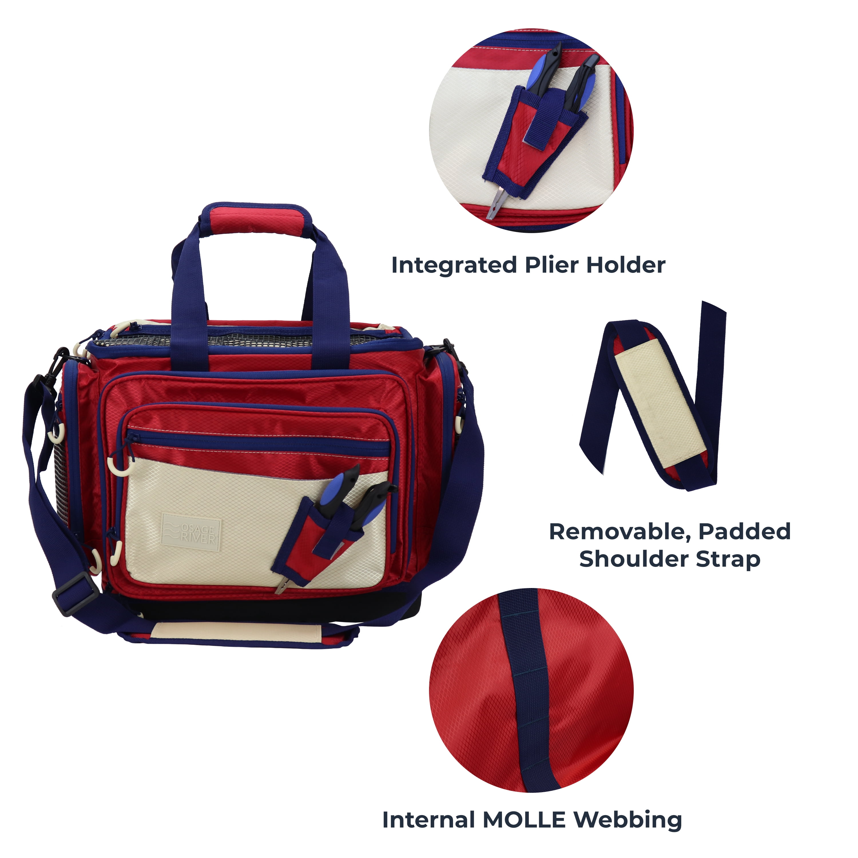 Osage River Gear Medium Fishing Tackle Bag, Saltwater Fishing Gear Bag, Tackle Box Organizer with Waterproof Non-Slip Bottom, Padded Shoulder Strap, and Fishing Pliers, Fishing Gifts for Men, Red