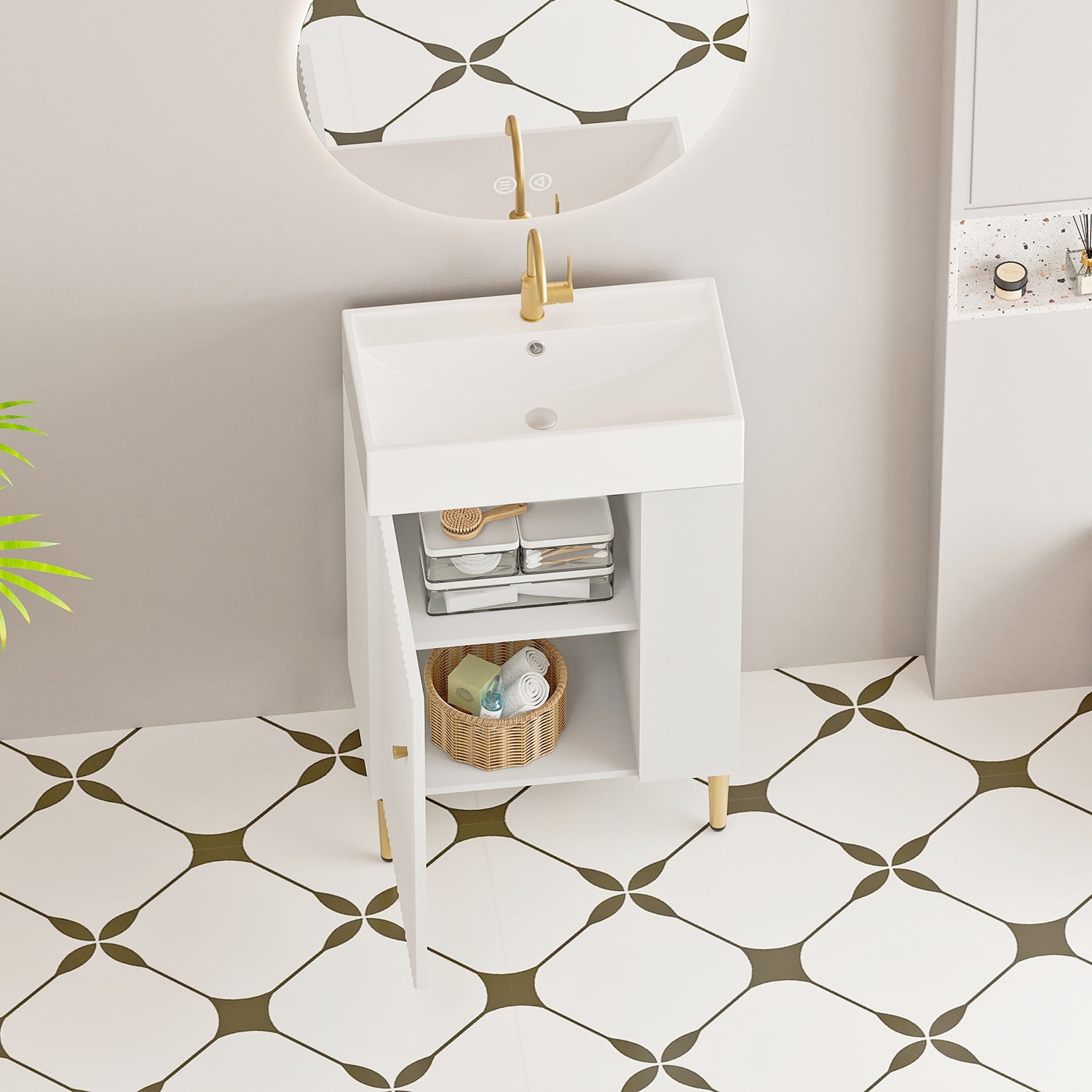 Demi Bonn 21" Bathroom Vanity with Ceramic Sink and Soft-Closing Door, Cloakroom Open Shelf Storage Cabinet on the Right Side, Faucets and Drains Not Included, White