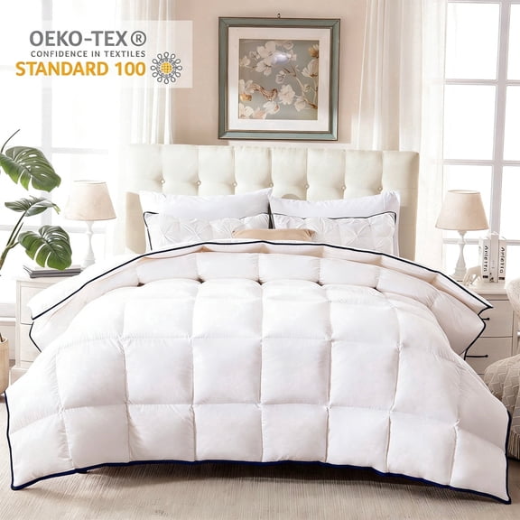Yalamila Down Comforter Queen Size, 100% Cotton Ultra Soft Duvet Insert for All Season, Hotel Luxury Breathable Goose Feather Down Fiber Bedding Comforter with Corner Tabs (White, 90x90 inches)