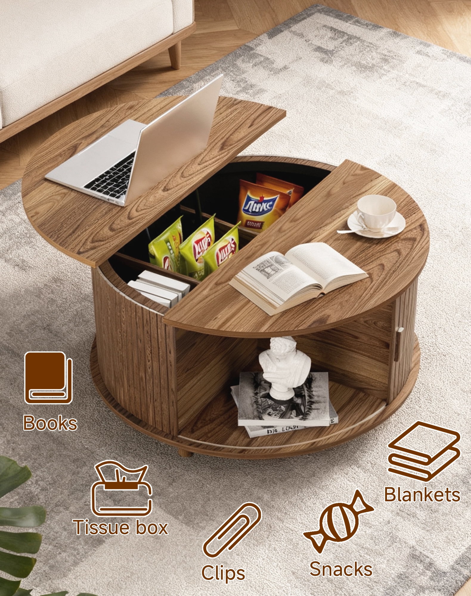 Putuo Decor Round Lift Top Coffee Table with Storage, Fluted Wood Tambour Door, Walnut