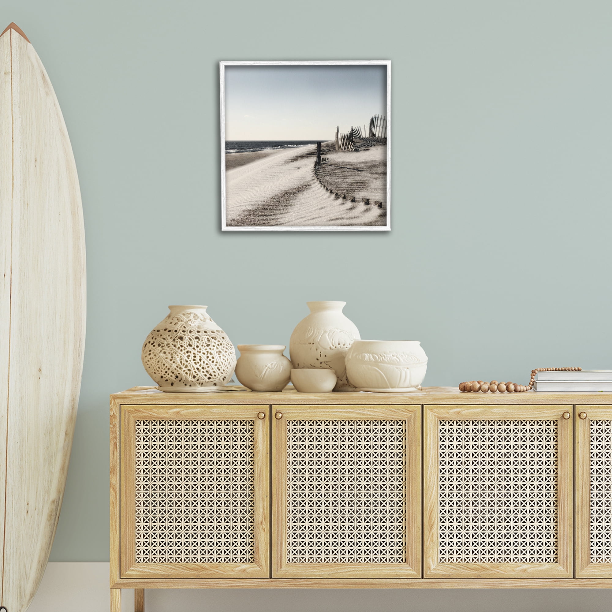 Stupell Industries Rippled Beach Fence Landscape Painting White Framed Art Print Wall Art, 24 x 24