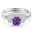 thumbnail image 3 of Gem Stone King 10K White Gold Purple Amethyst White Moissanite and Lab Grown Diamond 3 Stone Bridal Engagement Wedding Ring Set for Women (0.88 Cttw, 5MM and 3MM Cushion, Sizes 5, 6, 7, 8, 9), 3 of 6