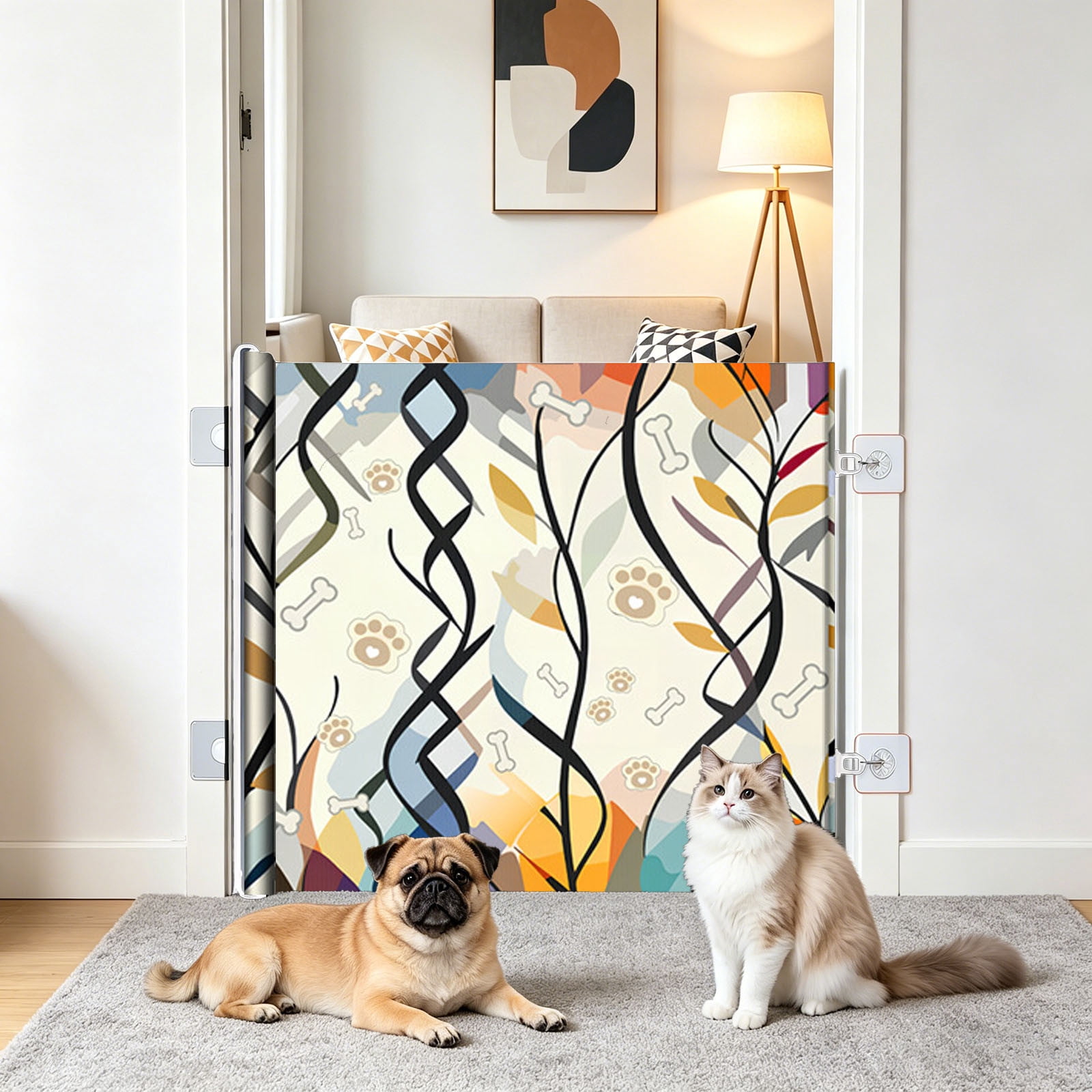 Pet Barrier No Drill Dog Cat Safety Gate Cute Retractable Roll-Up Fence for Small to Medium Pets Doorway Stair
