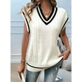 thumbnail image 3 of Oversized Sweater Vest for Women V Neck Cap Sleeve Cable Knit Vest Loose Striped Pullover Tank Tops White M, 3 of 7