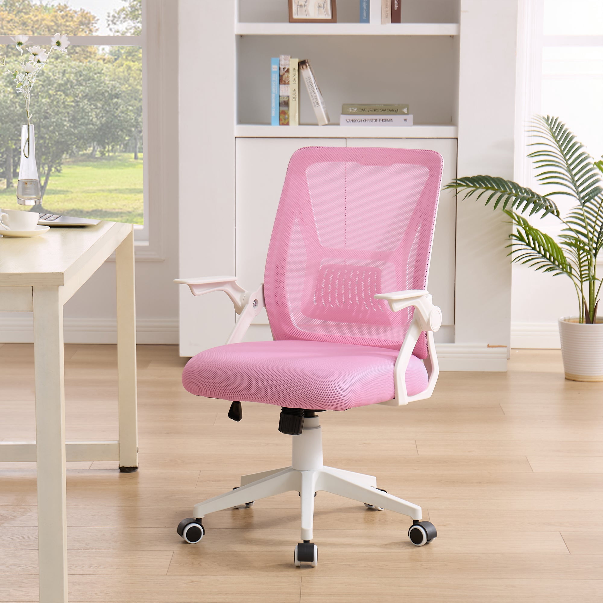 VECELO Mid-Back Swivel Adjustable Ergonomic Office Chair, Mesh Lumbar Support and Adjustable Arms Task Chair for Computer, Pink