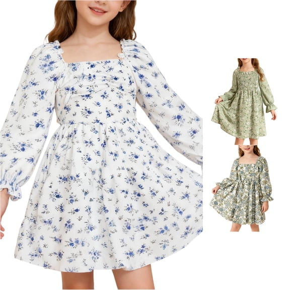 Vividxx Toddler Girl Dress Elegant Puffed Sleeves Square Neck Floral Print Dress for Party Kids Clothes Daily Wear 4-5 Years