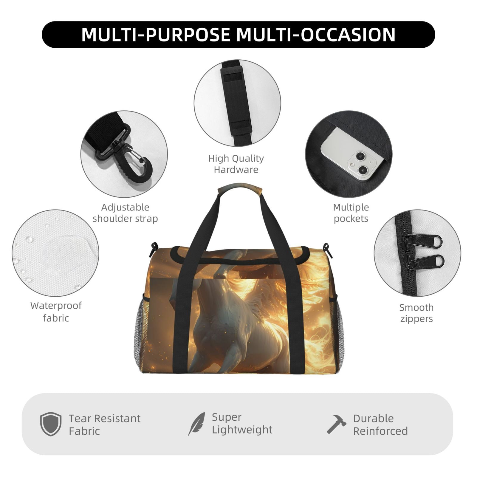 Kdxio Golden Winged White Horse Travel Duffel Bag Gym Bag Weekender Travel Bag Gym Bag for Women &Men Airplane Travel Essentials for Flying