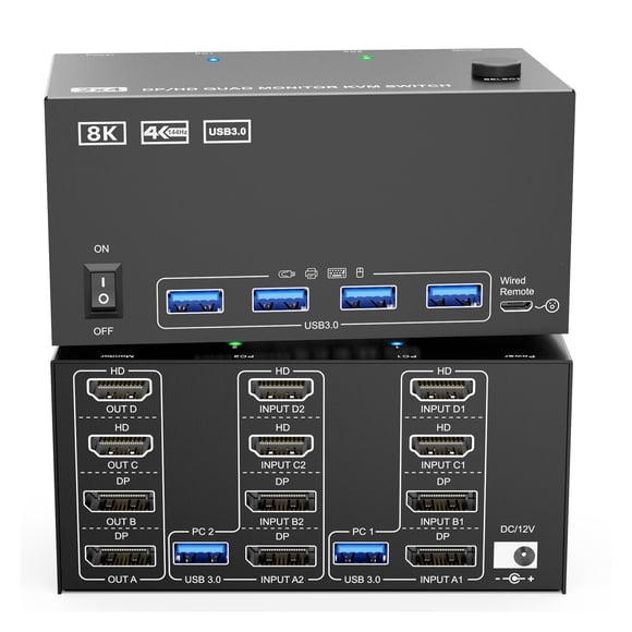 8K KVM Switch 4 Monitors 2 Computers Dual Monitor Support 8K60Hz 4K120Hz KVM Switcher PC Extended Display