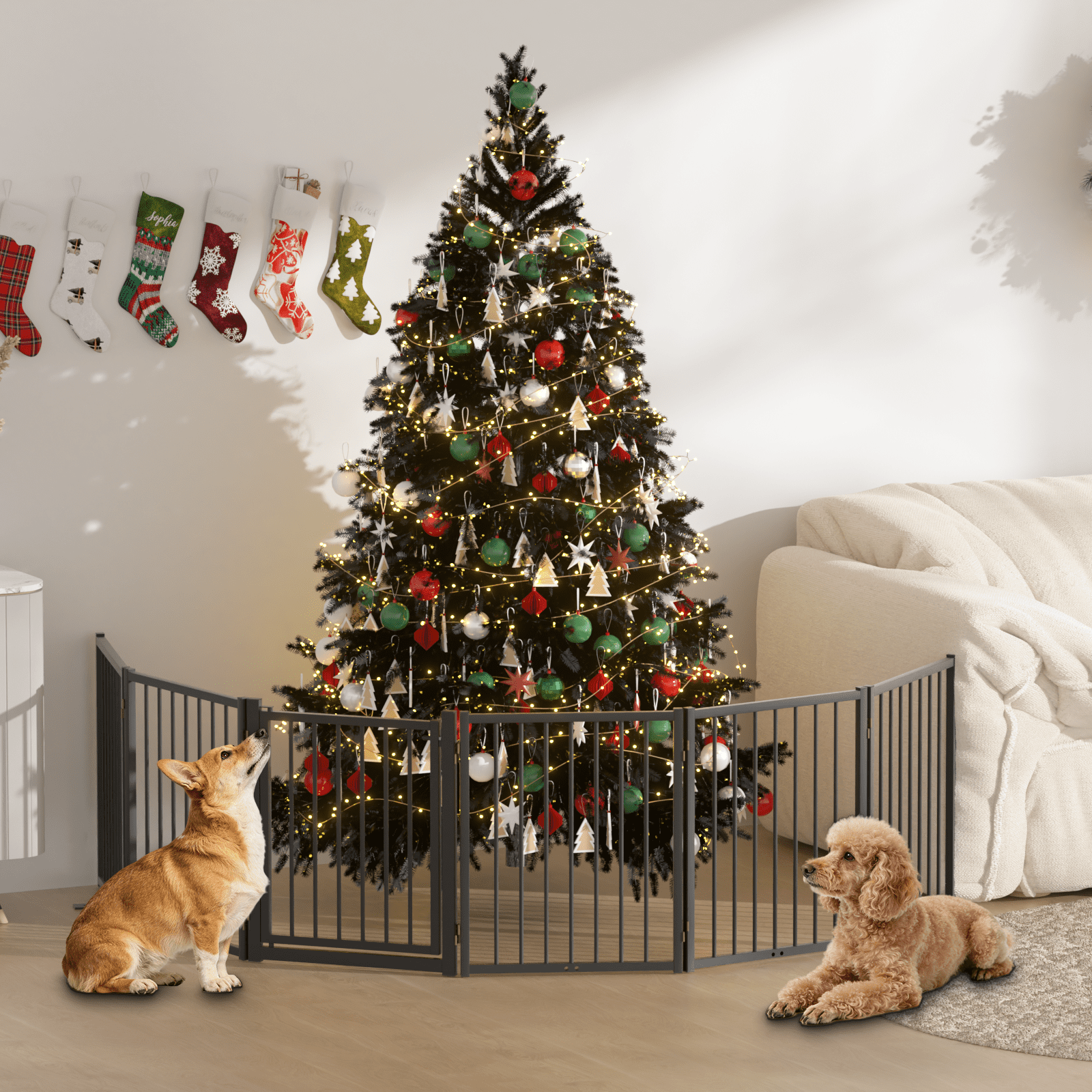 24''Height Full Matel Freestanding Dog Gate with Door, 6 Panels Extra Wide Free Standing Tall Dog Gates for Doorways,House,Stairs,Porch,Deck,Yard