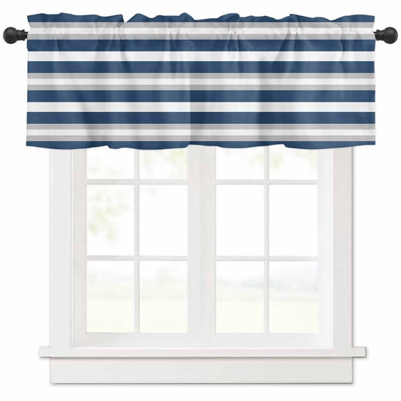 Navy Blue Grey Stripe Valances for Windows Farmhouse Kitchen Curtains Valances Rod Pocket Valance Curtains for Kitchen Windows Minimalist Farmhouse Striped Window Valances for Bathroom 42"x12"