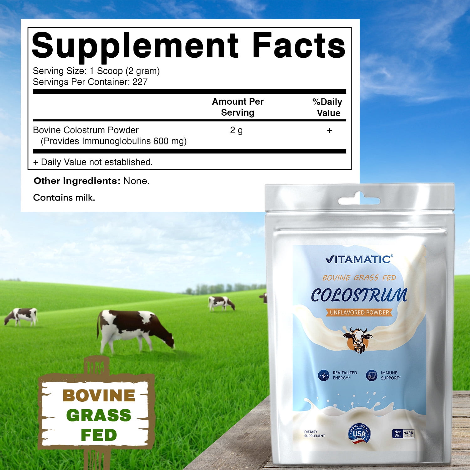 Vitamatic Bovine Colostrum 30% IgG Powder 16 OZ- Supplement for Gut Health, Hair Growth, Beauty, Muscle Recovery, & Immune Support - Easy to Mix - 227 Servings (Unflavored)