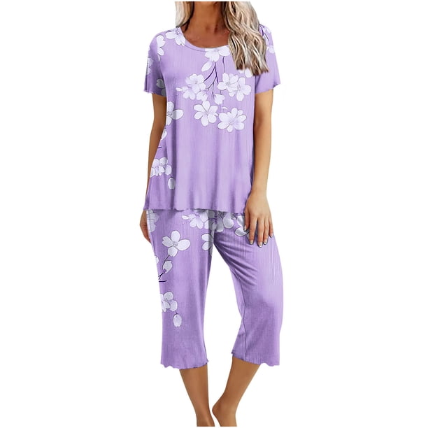 Conjuntos Cortos para Mujeres Impresión Floral de Verano Casual Manga Corta Cuello Redondo Y Pantalones Recortados Conjunto de Poliéster, Traje de Verano Casual