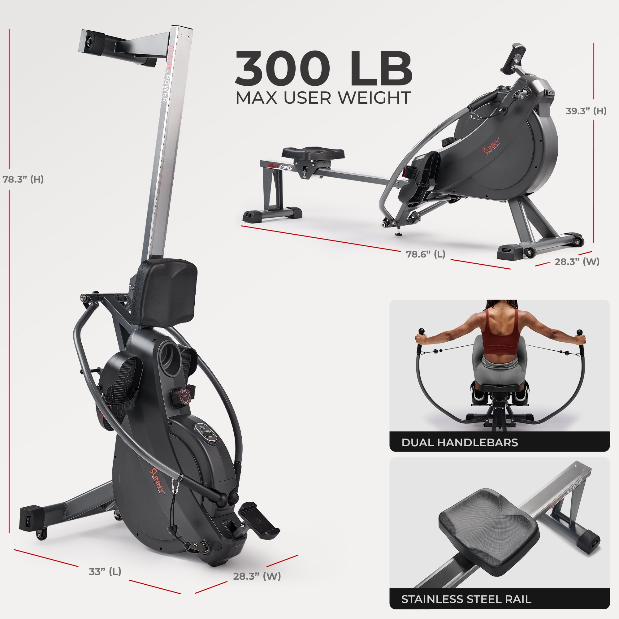 Sunny Health & Fitness MotionMax Foldable Magnetic Rowing Machine with Full Feathering Capability + Extra-Long 51” Rail w Smart Bluetooth & FREE SunnyFit® App- SF-RW522067