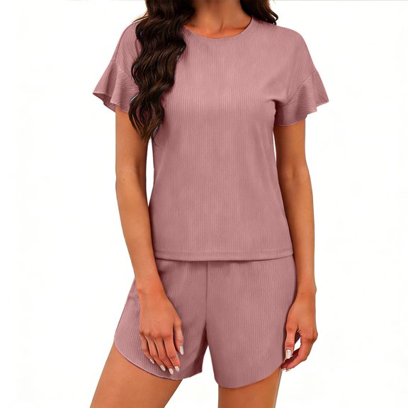 BTDECLAR Women's Summer Pajamas Sets 2 Piece Crewneck Ruffle Short Sleeve Tops and Shorts Pj Set Soft Comfy Breathable Sleepwear Outfits