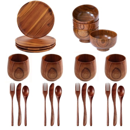 24 Pieces Natural Wood Dinnerware: Wooden Cups Plates Bowls Utensils for Tea Coffee Wine