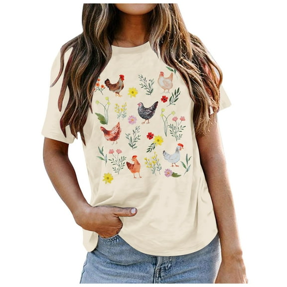 Oversized Tshirts for Women Chicken Shirt Cute Chicken Mom Shirt Farm Country Casual Tee Womens Summer Tops Beige L