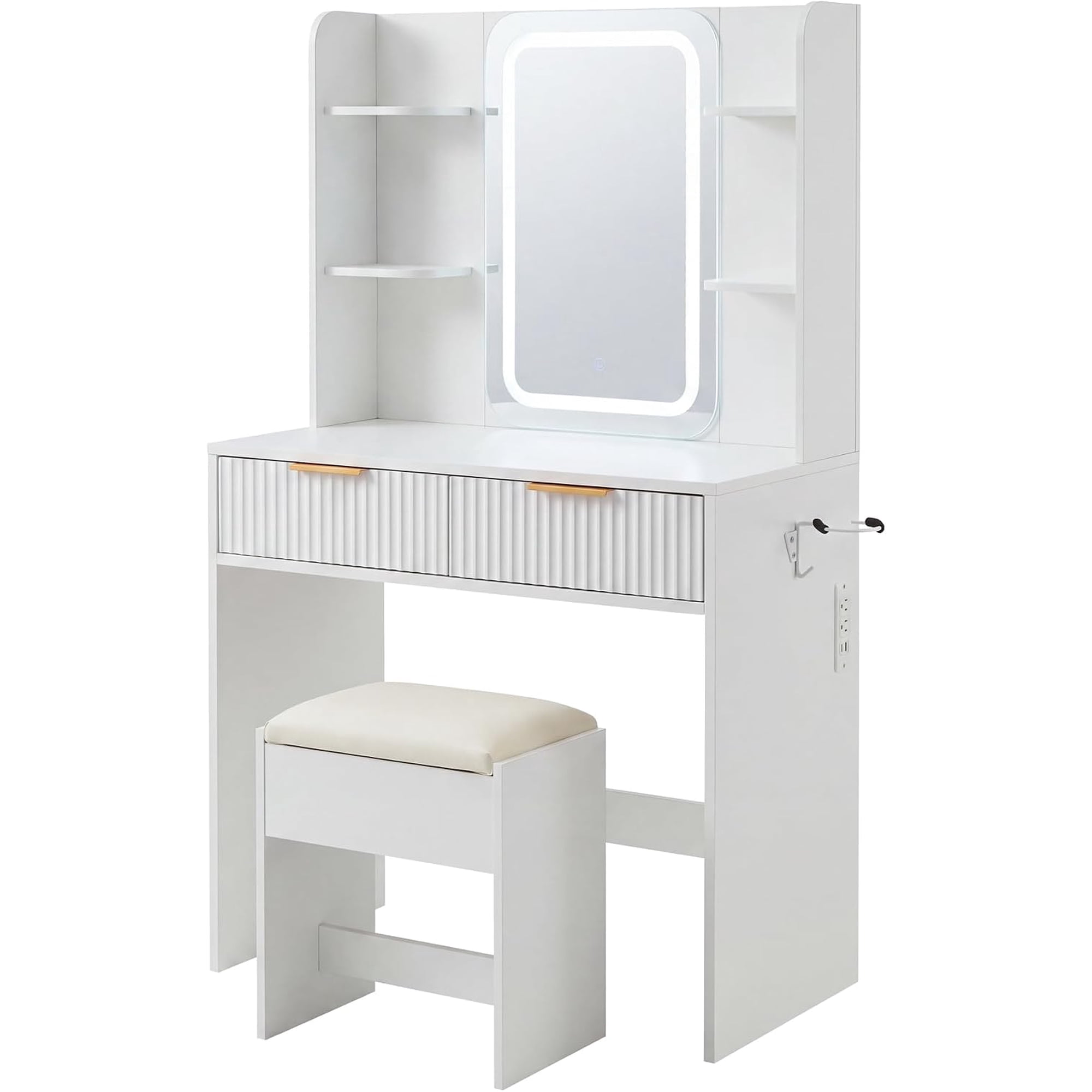 Small Lighted Vanity Desk Set with Mirror, LED Lights & Stool - Charging Station - Jewelry Storage - Compact Dressing Table for Teen Girls Bedroom - US Standard White
