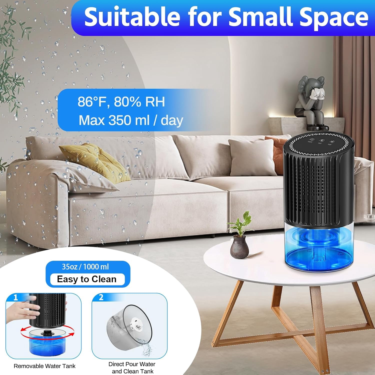 5.49-Pint Dehumidifier for Room Home,HopePow Automatic Defrosting Dehumidifier 1,000 Sq. ft Coverage Area Energy Efficiency 7 Colors Light Mini Dehumidifier for Room Bathroom,Basement,Bedroom,Black