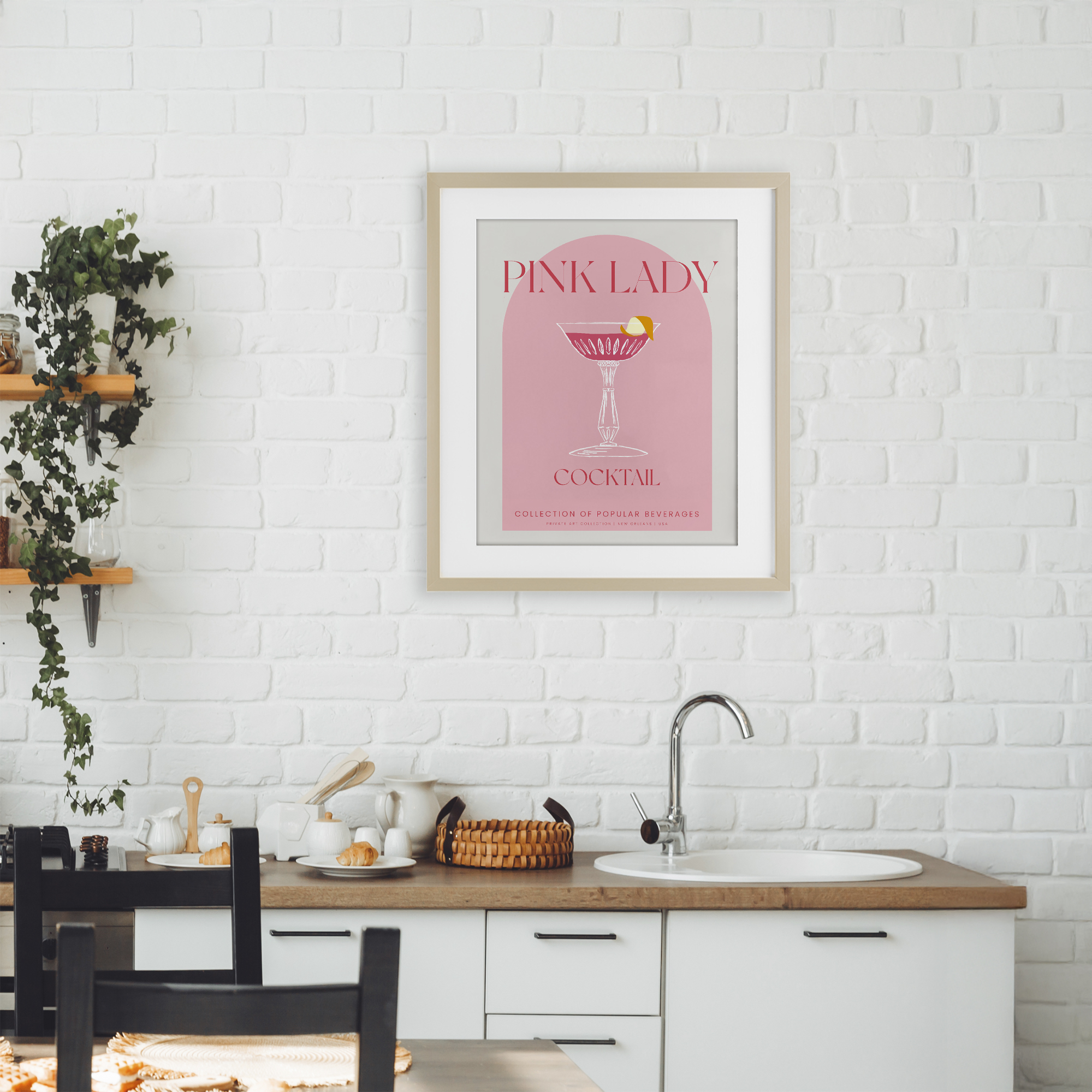 Stylish Retro Pink Lady Birch Framed Print Under Glass, design by Lil' Rue