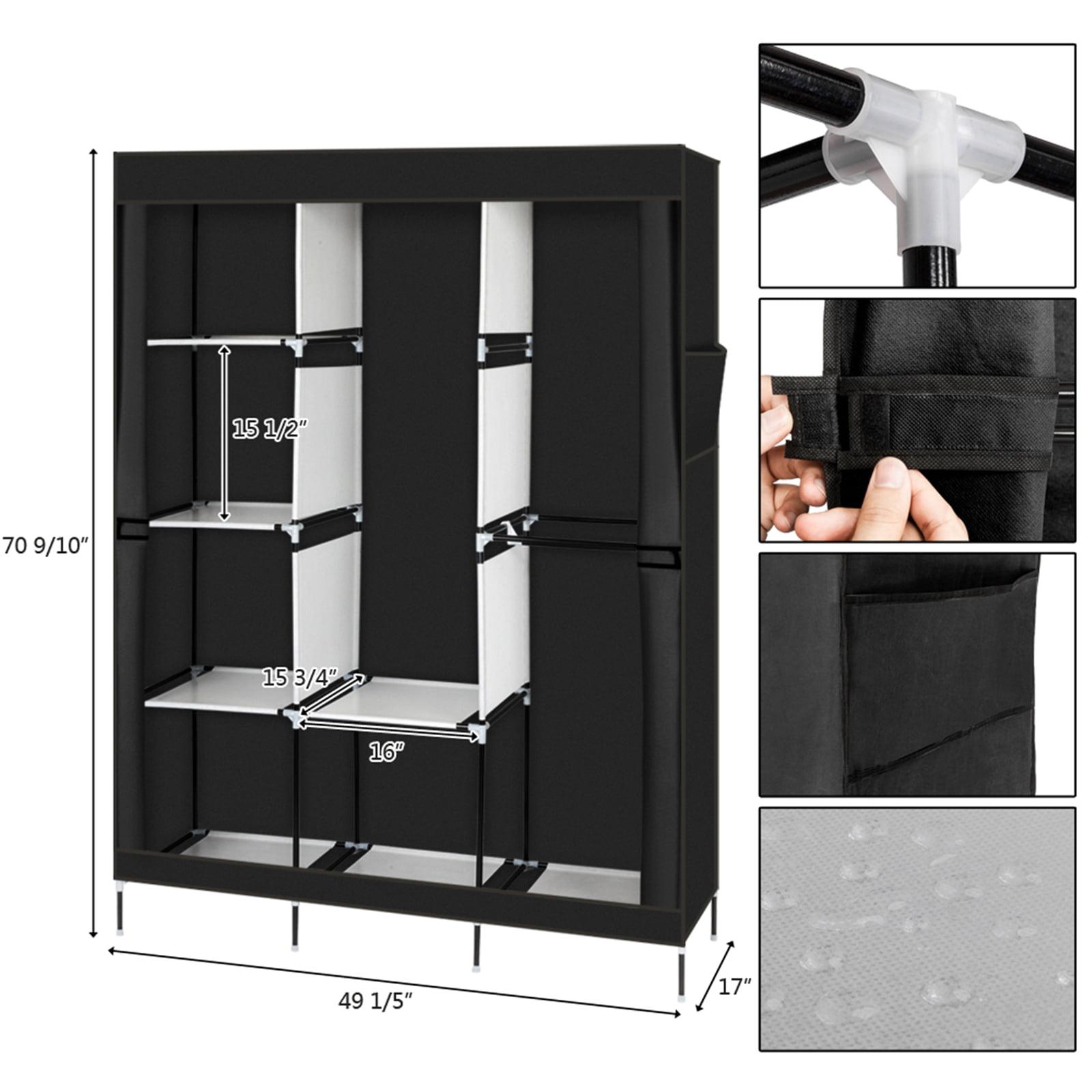 71" Closet Wardrobe Clothes Rack Portable Storage Organizer with Shelf, Black