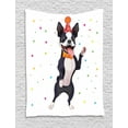 thumbnail image 1 of Boston Terrier Tapestry, Party Puppy Figure Celebrating His Birthday on Colorful Stary Background, Wall Hanging for Bedroom Living Room Dorm Decor, 40W X 60L Inches, Multicolor, by Ambesonne, 1 of 2