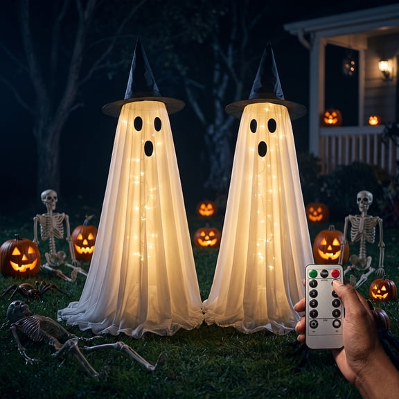Yinghao 2 pack Battery Operated Standing Ghost Lights Halloween Decor with Remote, 5 Ft Large Spooky Stake Decoration for Outdoor Indoor Home, 8 Modes