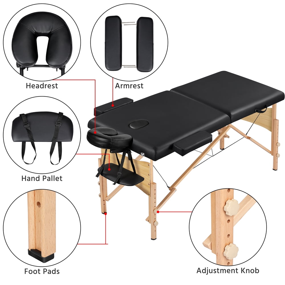 Alden Design 2-Fold Portable Massage Table with Carry Case Bag for Spa Treatments, Black