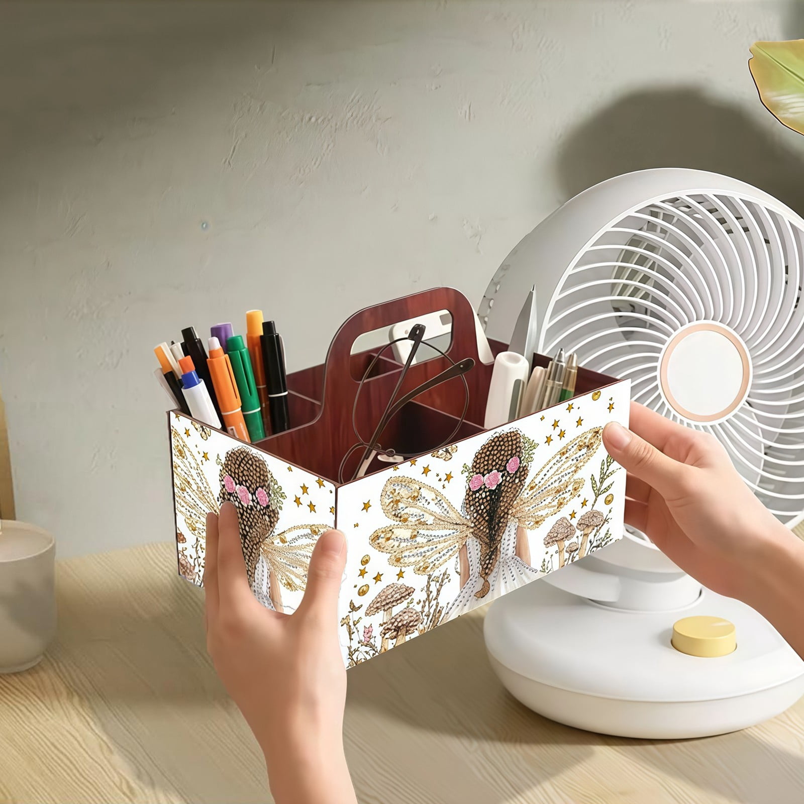 FLOPESN DIY Fairy Diamond Art Painting 5 compartments Wooden Storage Box, 9.44*8.14in, Practical Rectangular Assembly Portable Multi-Grid Box