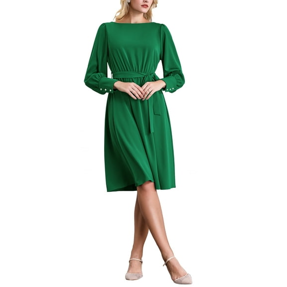 INSPIRE CHIC Women's Boat Neck Flare Dress Long Puff Sleeve Tie Waist Casual A-Line Dresses S Green