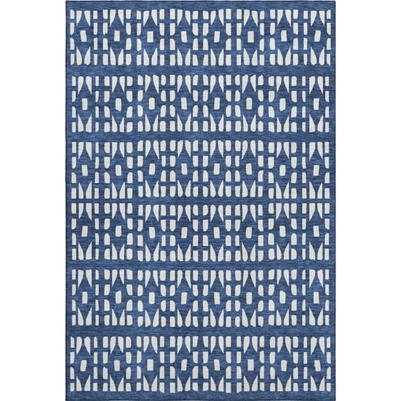 HomeRoots 676283 9 x 12 ft. Navy Blue & Ivory Geometric Transitional Washable Machine Made Rectangle Area Rug with UV Protection