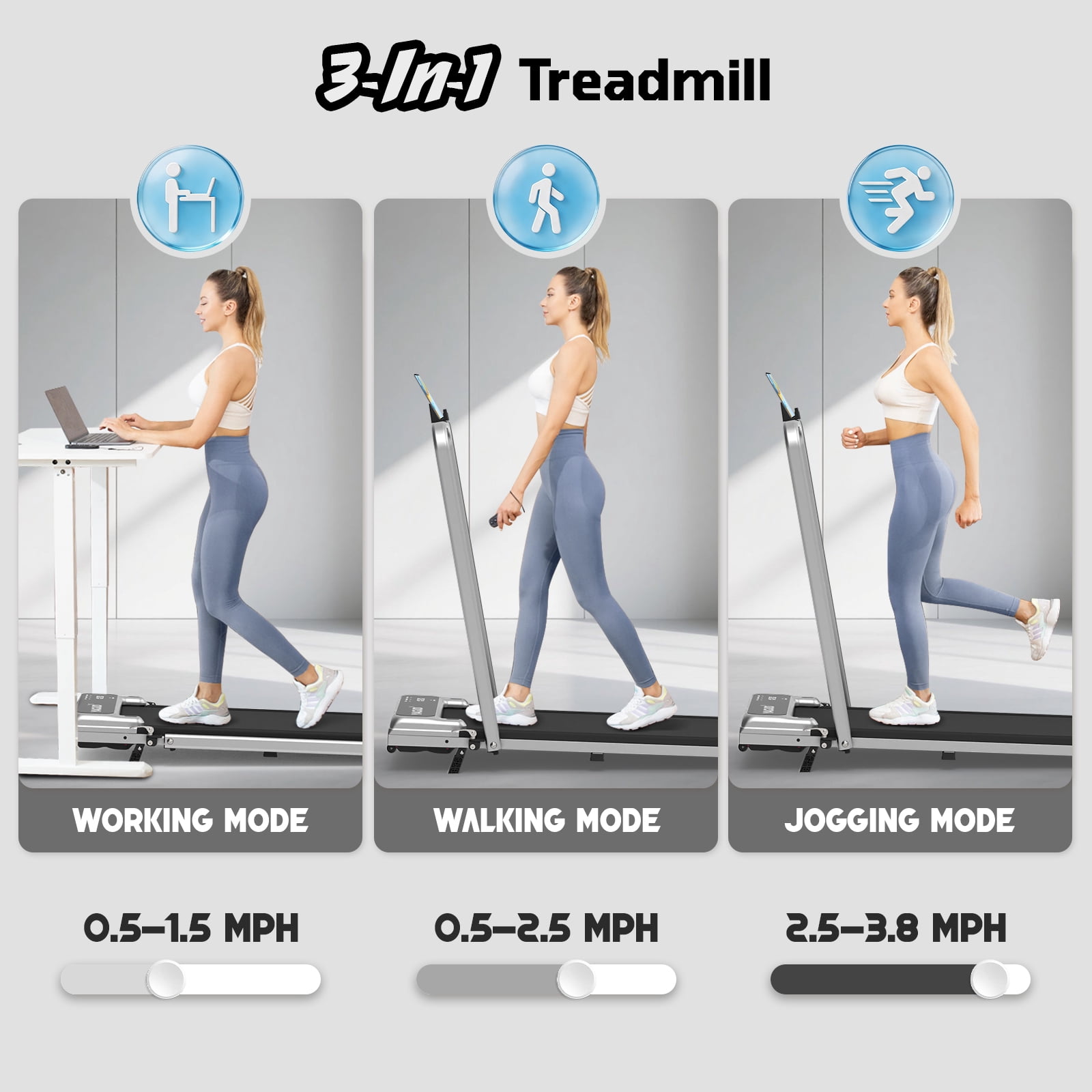 Yagud Walking Pad Treadmill with Handle Bar and Adjustable Incline, 3.8HP Portable Electric Treadmills with Wheels for Home, Home Treadmills with Incline, 0.5-3.8MPH, Silver