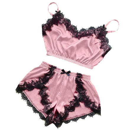 

Didtye Women V-Neck Lace Splicing Eyelash Sexy Camisole Pajamas Bowknot Shorts Set