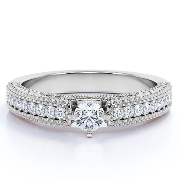 JeenMata Cathedral Three-Stone 1 Carat Round Cut Moissanite Vintage Design Filigree Dual Milgrain Edge In 18K White Gold Plating Over Silver