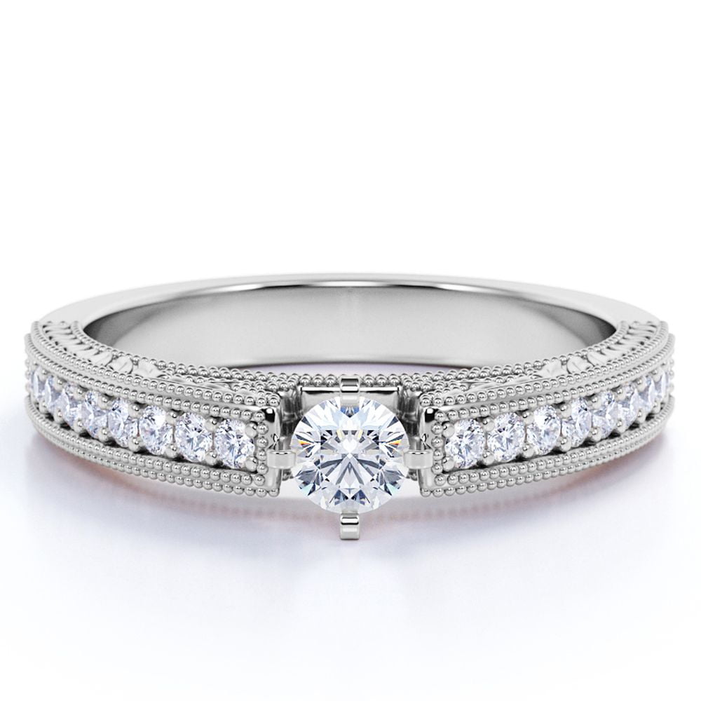 JeenMata Cathedral Three-Stone 1 Carat Round Cut Moissanite Vintage Design Filigree Dual Milgrain Edge In 18K White Gold Plating Over Silver