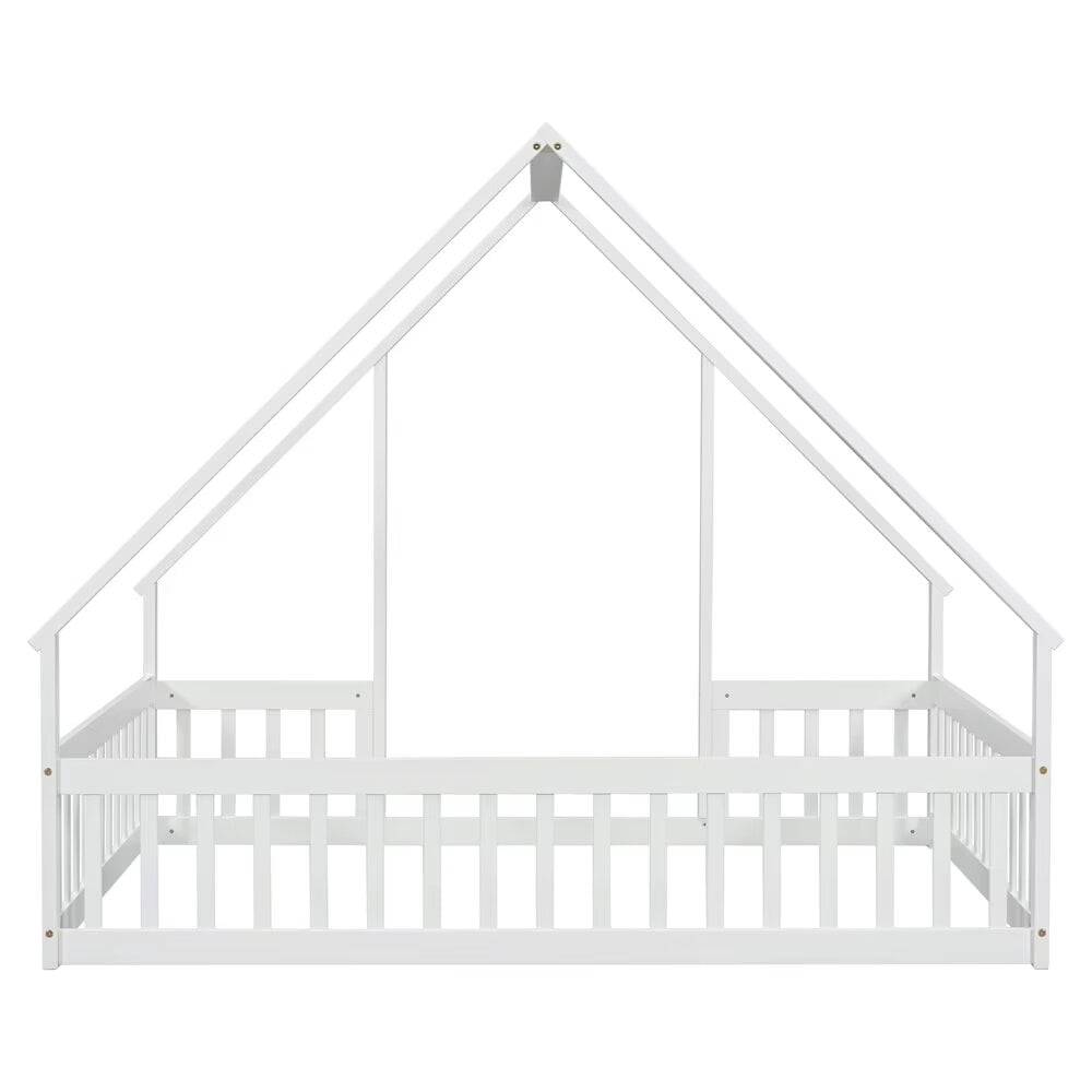 Full Size Floor Bed for Kids Toddlers, Wooden Montessori Bed Frame with Roof and Fence Guardrails, Playhouse Bed Tent Bed for Boys Girls Bedroom, Easy Assembly, White